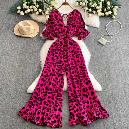 Elegant V-Neck Leopard Print Jumpsuit for Summer