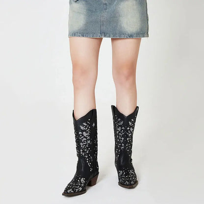GIGIFOX Cowgirl Rhinestone Western Mid-Calf Boots For Woman Block Mid Heel Pull-On Pointed Toe Hollow Out Retro Cowboy Boots