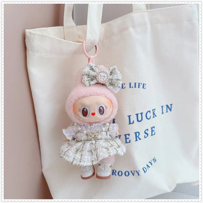 17cm Labubu Doll Accessories Clothes Advanced Luxury Design Sweet Woolen Shawl Suit Skirt Labubu Clothes Messenger Bag Loafers
