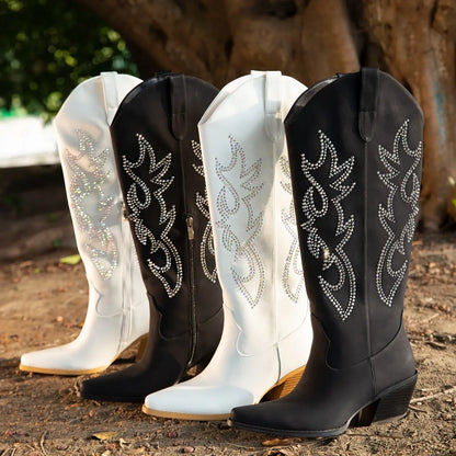 Rhinestone Cowboy Boots for Women - Black Wide Calf Knee High Cowgirl Boots with Side Zipper and Sparkly Glitter Embroidery, Alm