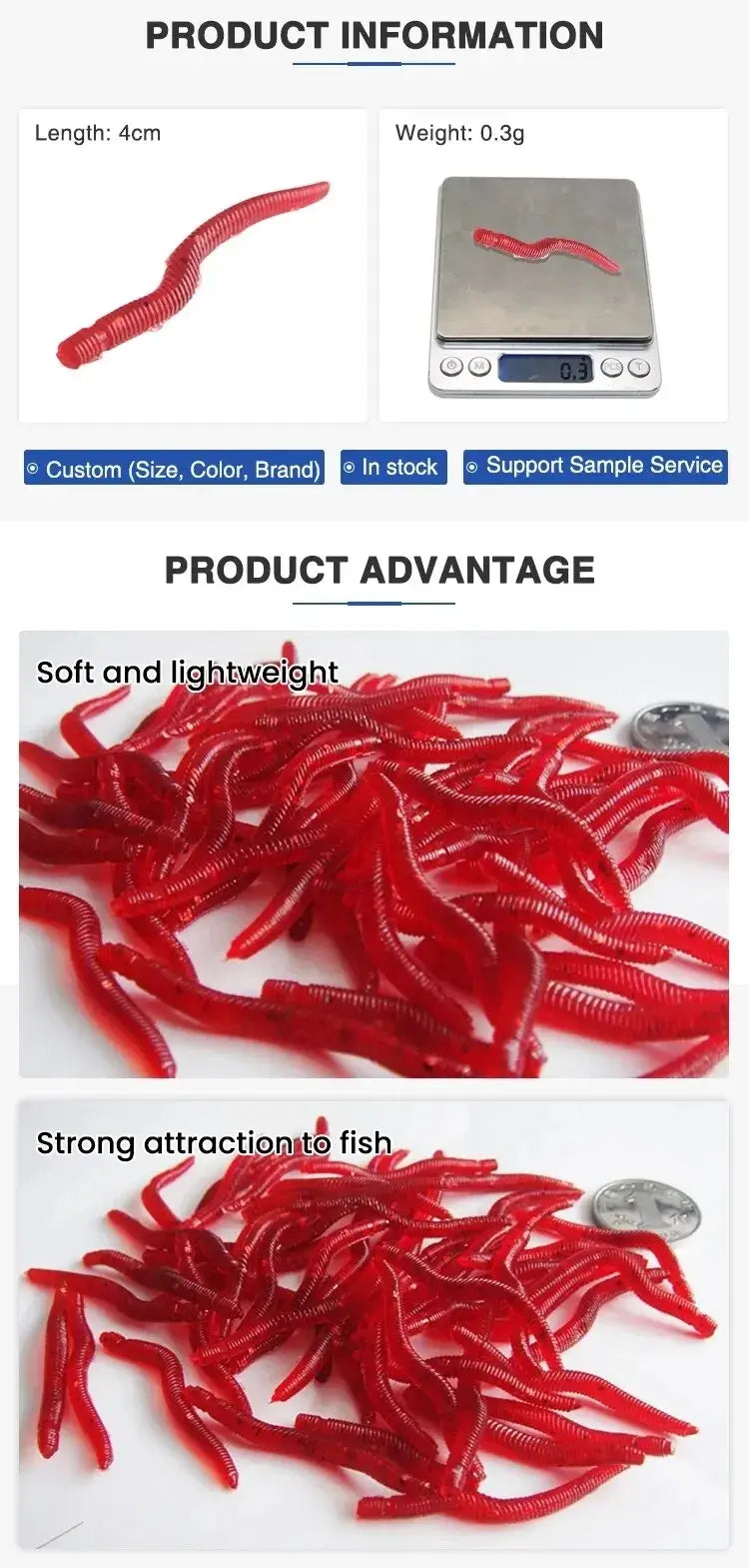 Red Worm Soft Fishing Lures, 3.5–10 cm Options