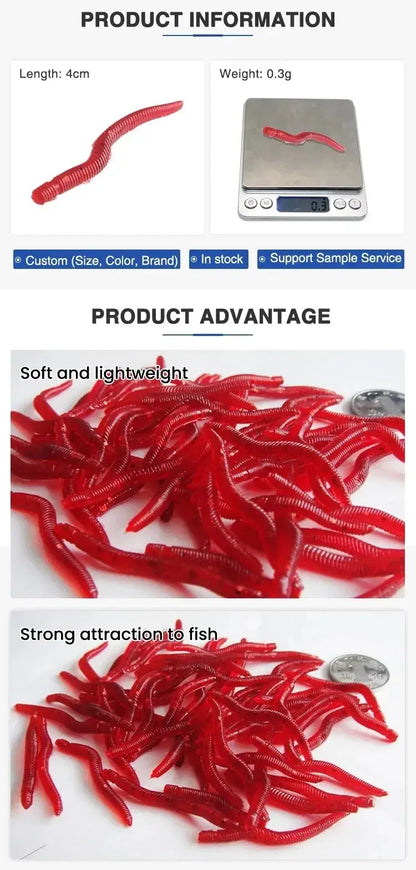 Red Worm Soft Fishing Lures, 3.5–10 cm Options