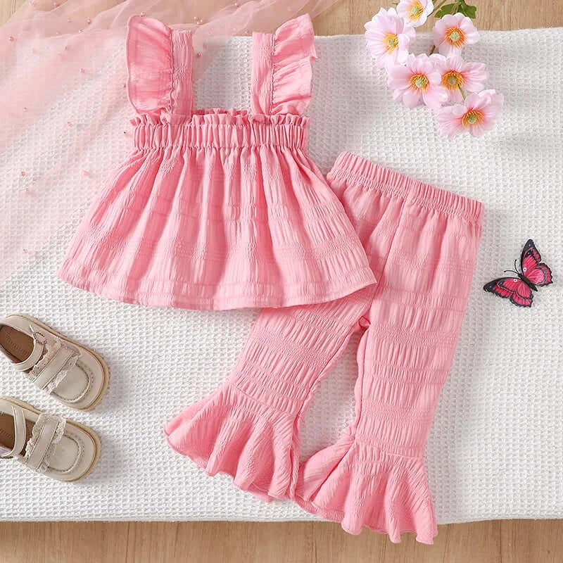 Girls 2-Piece Set with Ruffled Tank Top and Elastic Waist Flared Pants in Vibrant Colors for Summer Fashion