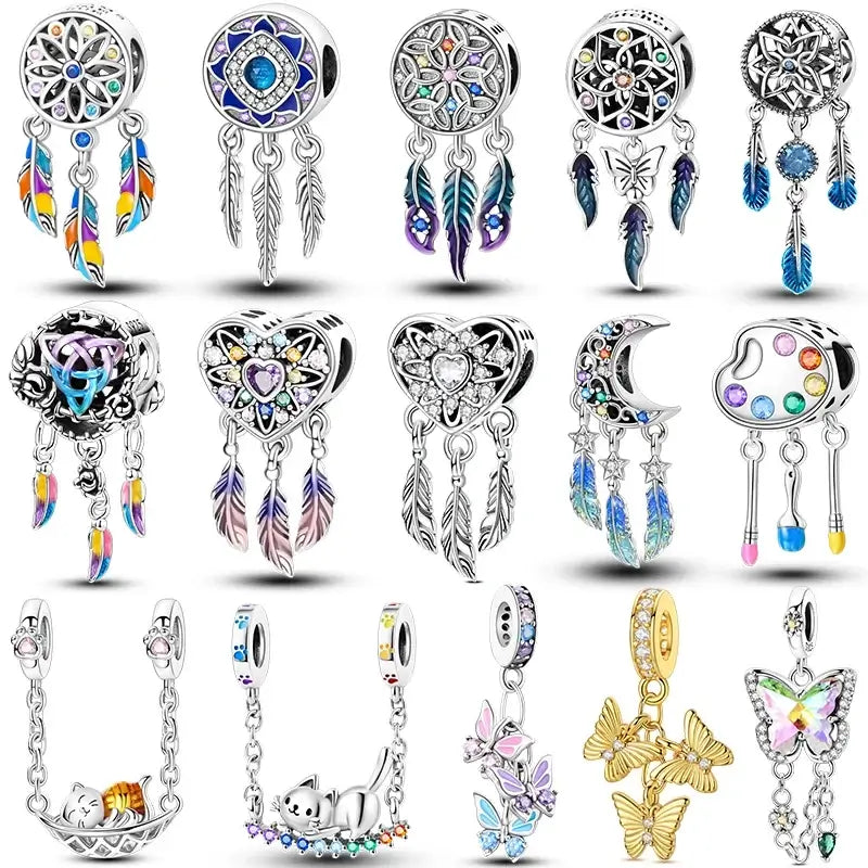 Hot Dream Catcher Feather 925 Sterling Silver Purple Colorful Moon Dreamy Blue Charm Original Fits Women DIY Jewelry Girl Charms