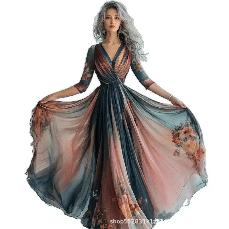 New Bohemian Style Long Sleeve Mesh Dress Vacation Vibes Full Skirt Chiffon Dress V-neck Ankle-length Regular Waistline