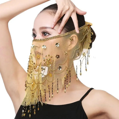 Lake Blue Color with Beaded Masquerade Party Belly Dancing Veils Face Veil Costumes Mesh Face Veil Indian Belly Dance Veil