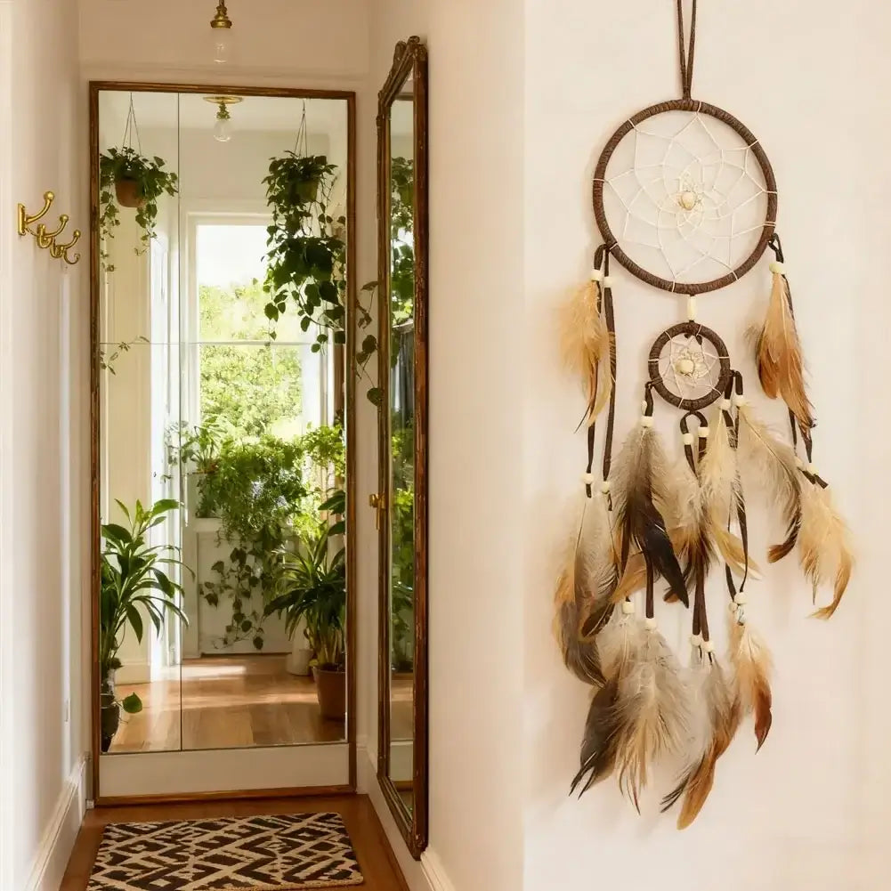 1Pc Wind Chime Dream Catcher with Light Indian Dream Catcher with Brown Feathers Wall Hanging Dream Catcher Bedroom Accessories