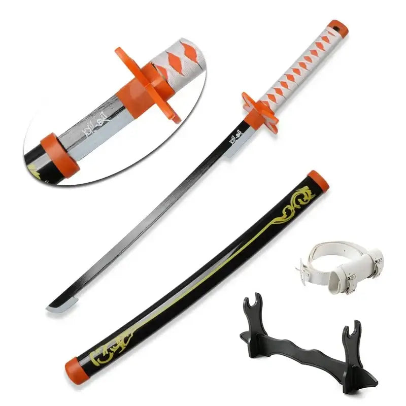 80cm Demon Slayer Katana Bamboo Blade Role-playing Weapons Props Halloween Costume Props with Belt and Sword Holder