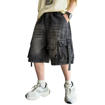 2026 Summer New Kids Designer Black Denim Cargo Shorts Tweens Boy Casual Straight Jeans Shorts For Child Age 5 6 8 10 12 14 Yrs