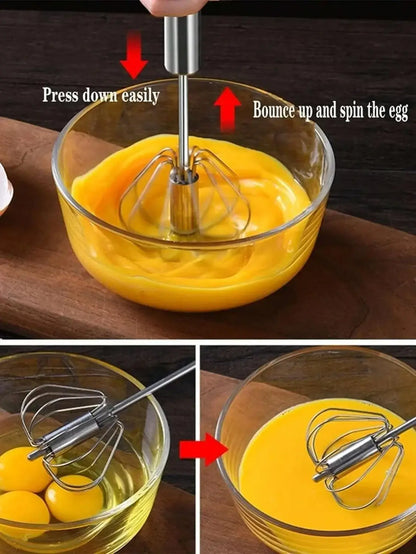 1pcs Stainless Steel Semi-Automatic Whisk, Stainless Steel Egg Whisk Hand Push Rotary Blender, Versatile Hand Push Mixer Stirrer Tool