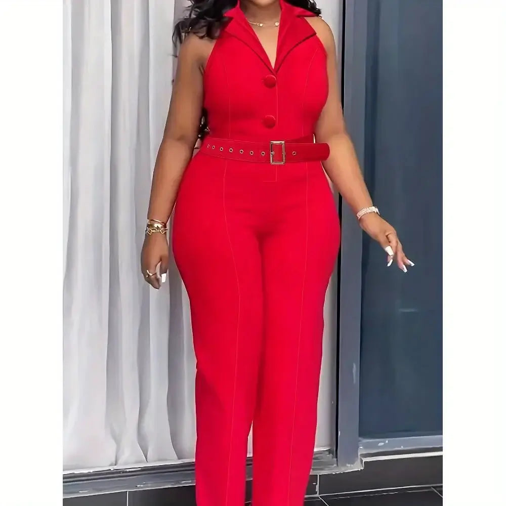 Business Suit Lapel Sleeveless Button Formal Evening Dress Office Women Jumpsuit