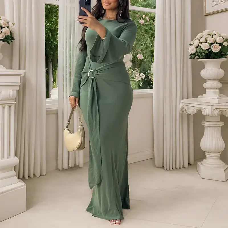 Elegant Women O Neck Lace Up Slim Robe Dress