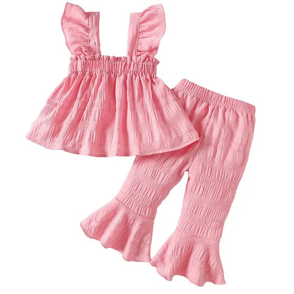 Girls 2-Piece Set with Ruffled Tank Top and Elastic Waist Flared Pants in Vibrant Colors for Summer Fashion