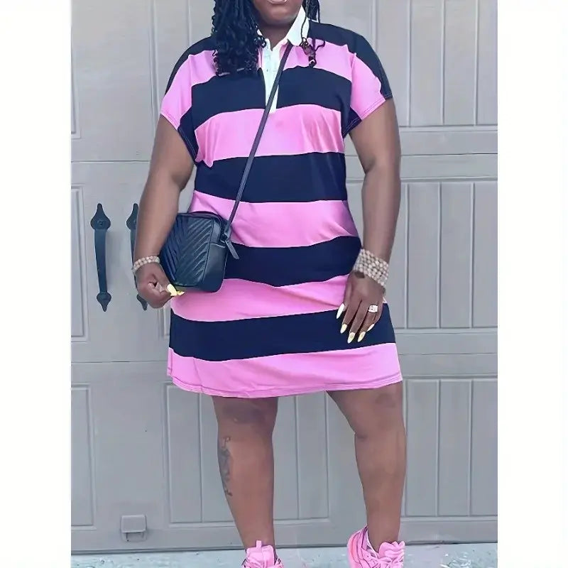 Fashionable Large Size Striped Print Lapel Short Sleeve Dress