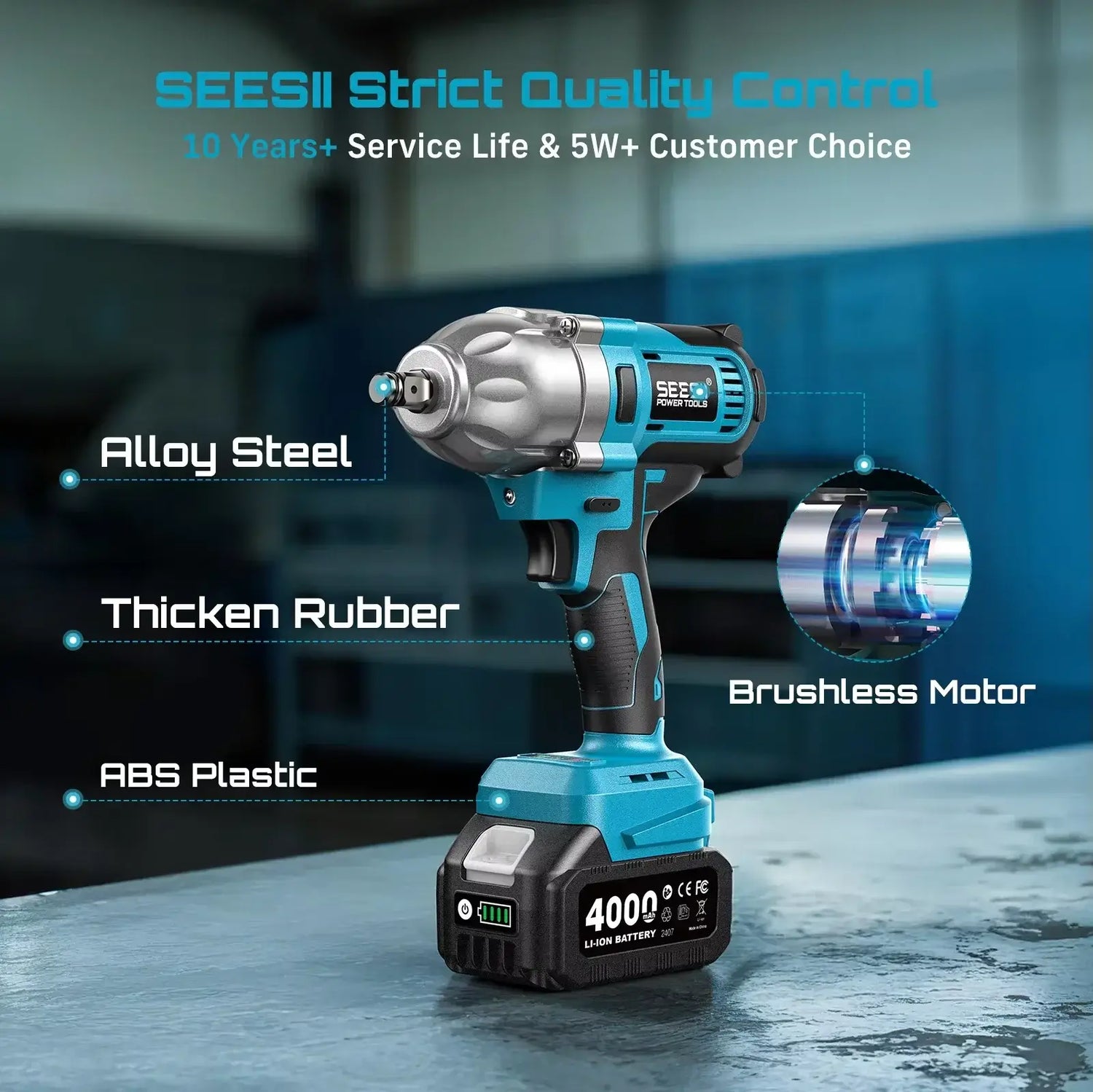 Seesii Real 1200N.m Electric Impact Wrench Brushless 1/2" High Torque Handheld Cordless Impact Gun Tool Kit LED Light 6 Socket