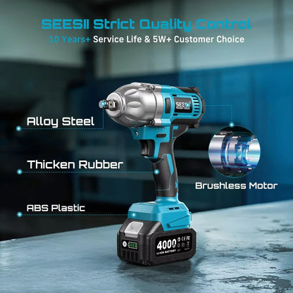 Seesii Real 1200N.m Electric Impact Wrench Brushless 1/2" High Torque Handheld Cordless Impact Gun Tool Kit LED Light 6 Socket