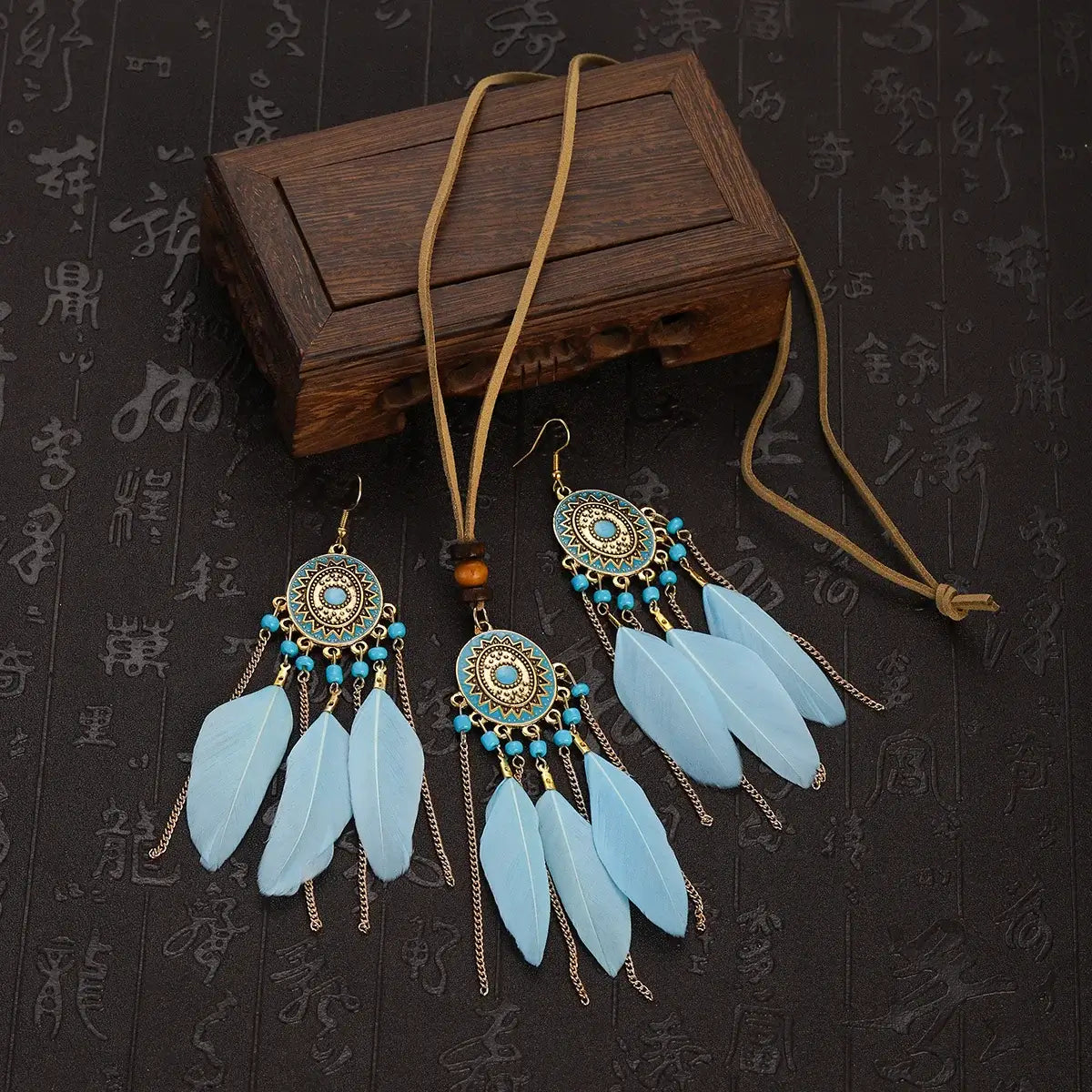 2pcs Feather Necklace Earring Set Women&