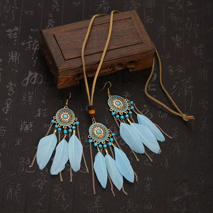 2pcs Feather Necklace Earring Set Women&