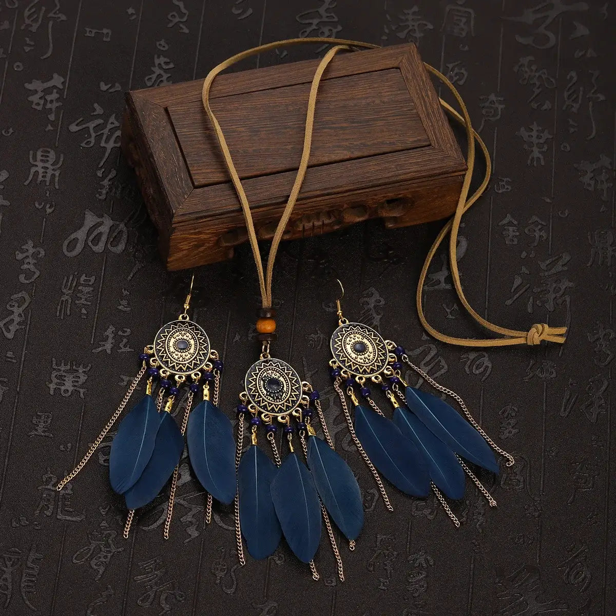 2pcs Feather Necklace Earring Set Women&