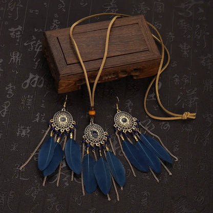 2pcs Feather Necklace Earring Set Women&