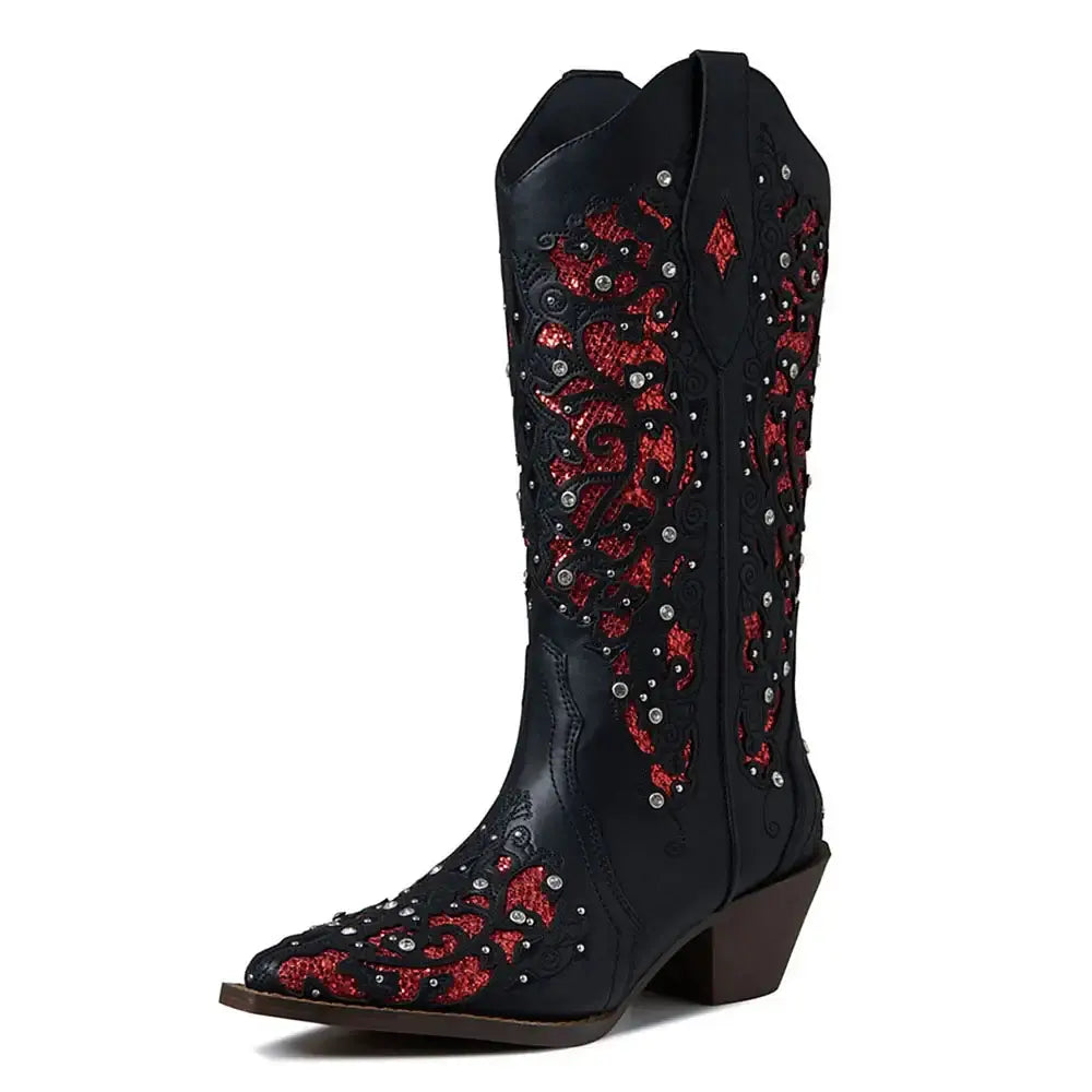 GIGIFOX Cowgirl Rhinestone Western Mid-Calf Boots For Woman Block Mid Heel Pull-On Pointed Toe Hollow Out Retro Cowboy Boots