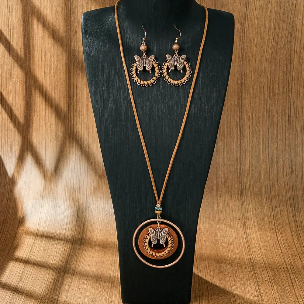 Vintage Butterfly Jewelry Set Pendant Double-layer Necklace log Style Handmade Winding PU Leather Sweater Chain Daily Wear Gifts