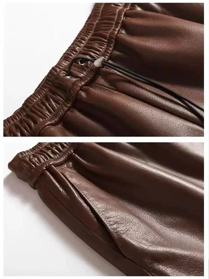 Goatskin Shorts for Women Italian Fashion Wide Leg Slim Drawstring Genuine Leather Pants Mujer Brown Pantalones Cortos  Clothing