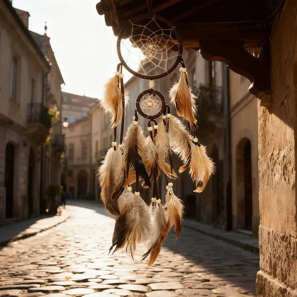 1Pc Wind Chime Dream Catcher with Light Indian Dream Catcher with Brown Feathers Wall Hanging Dream Catcher Bedroom Accessories
