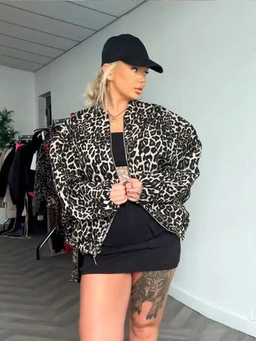 2024 Fashion Leopard Zipper Long Sleeved Women's Jacket Retro Round