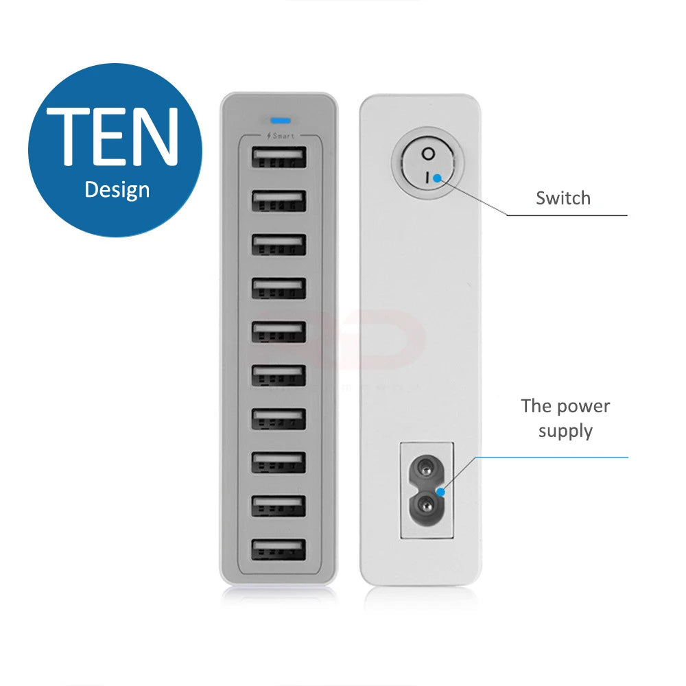 ILEPO 60W 10-Port USB Charging Station – Multi-Device Desktop Charger | iPhone, iPad, Samsung, Xiaomi | US/EU/UK/AU/KR Plug