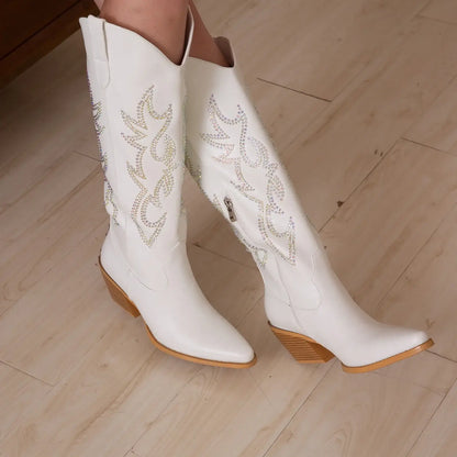 Rhinestone Cowboy Boots for Women - Black Wide Calf Knee High Cowgirl Boots with Side Zipper and Sparkly Glitter Embroidery, Alm