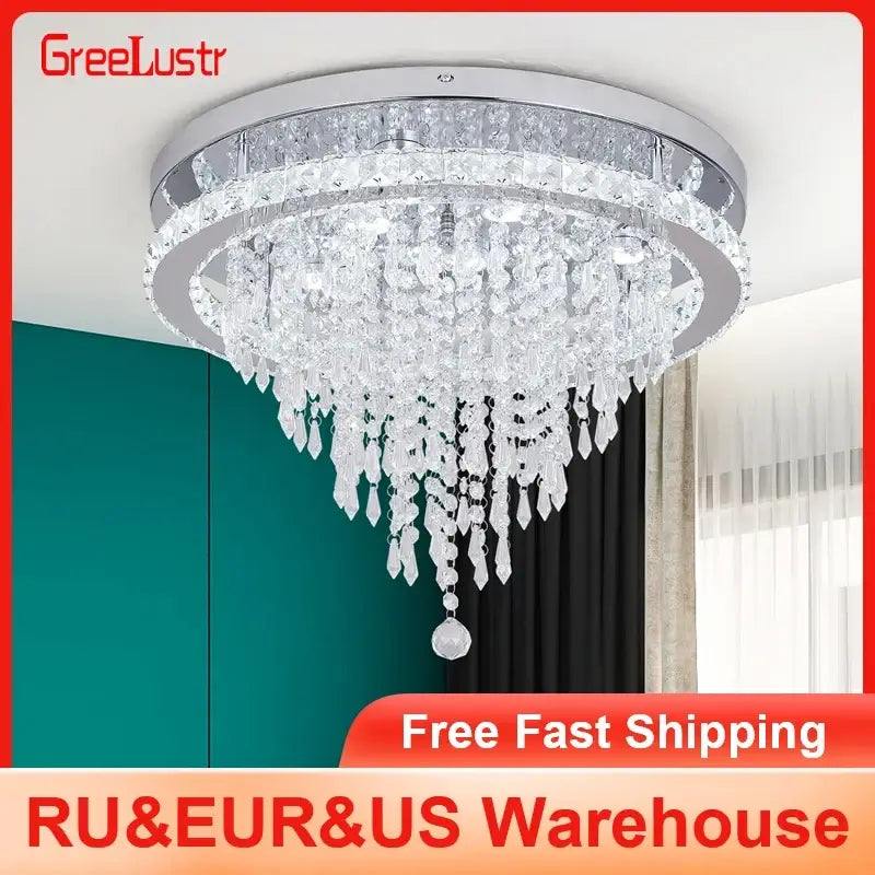 Round Crystal Raindrop LED Flush-Mount Chandelier