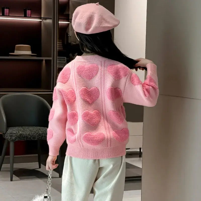 New Autumn Kids Girls Pink Color Sweater with 3D Hearts Pettern Children Elegant Fashion Knitted Clothing 5 7 9 11 13 14 Years