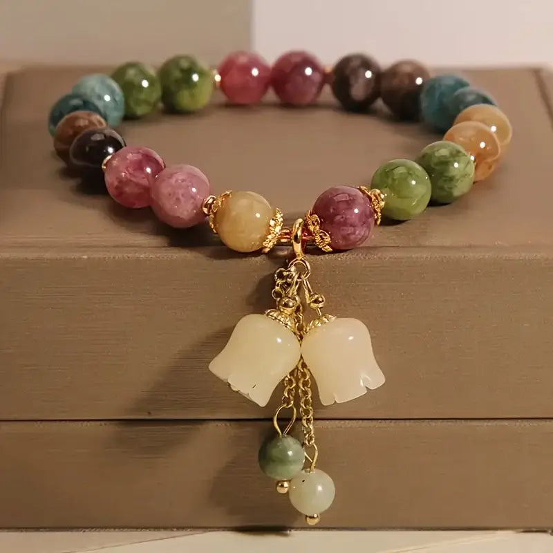 1pc Chinese Style Multi Gemstone Beaded Bracelet Lily of The Valley Pendant Bracelet Vintage Healing Stone Bracelet Elegant Daily Wear Jewelry For Women