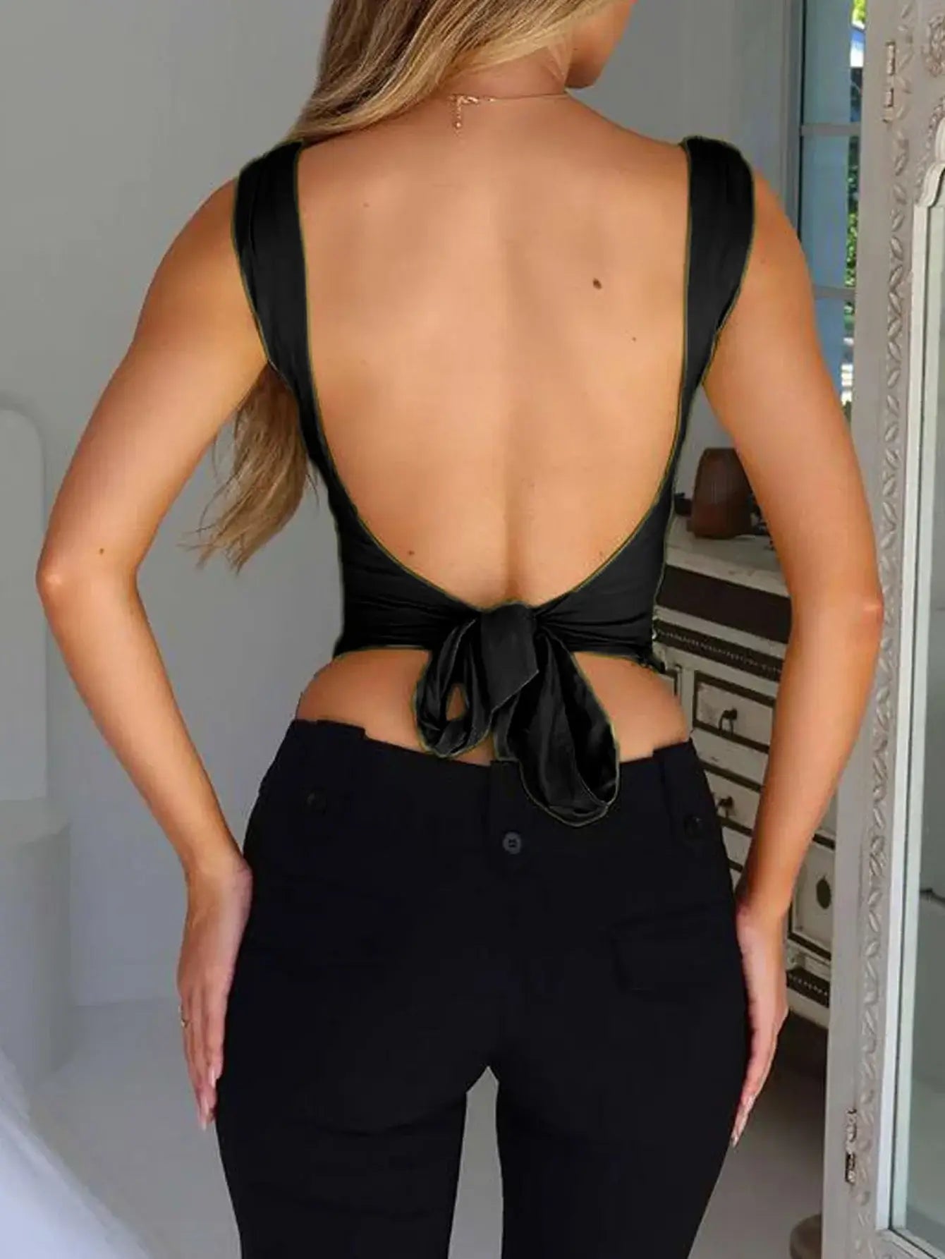 Women Crop Top V Neck Tops Casual Backless Vest Tops Summer Sleeveless Sling Top Sexy Blouse Tank Top Black M