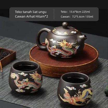 Ceramic Purple Clay Teapot Color-changing Dragon and Phoenix Design Teapot Tea Cup Set Hand-made Infuser Teapot Tea Maker