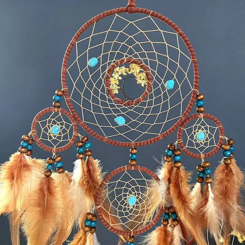 Dream Catcher Handmade Crystal Stone Brown Feathers Wind Chimes Living Room Bedroom Hanging Ornaments Festival Gifts Home Decor