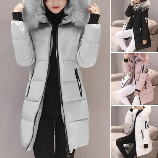 Women Winter Cotton Coat Hooded Mid Length Outerwear Windproof Warm