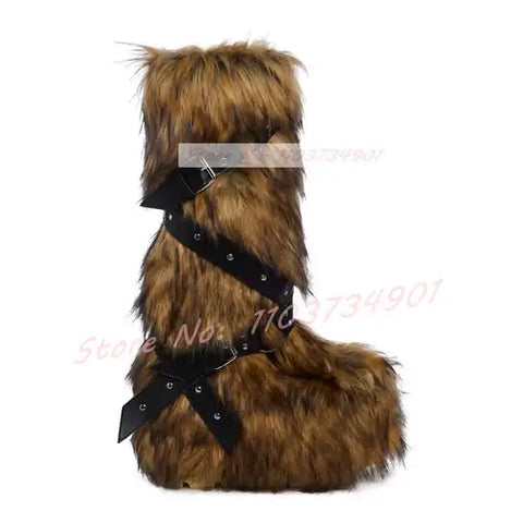 Furry Belt Buckle Rivets Chic Boots Women Trending Punk Round Toe