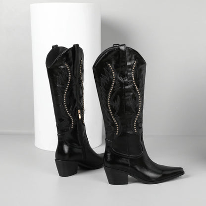 Cowboy Boots For Women Sparkly Cowgirl Knee High Boots With Unique Embroidery And Chunky Heel Ideal For Daily Wear Parties And D