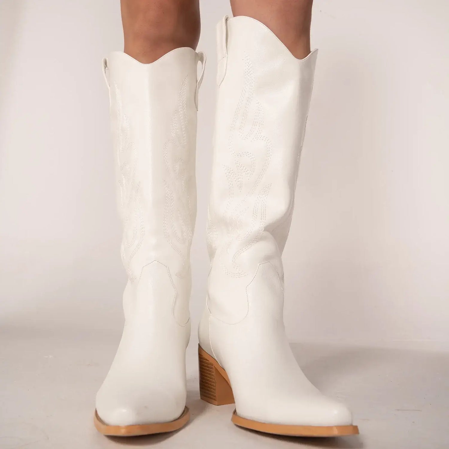 Cowboy Boots for Women - Black Knee High Cowgirl Boots with Classic Embroidered, Slip On Pointed Toe Fashion Retro White