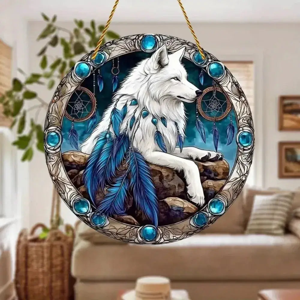 Wolf and Dream Catcher Acrylic Sunlight Catcher, Suitable for Home Porch, Courtyard and Garden Decoration, A Gift for Loved Ones