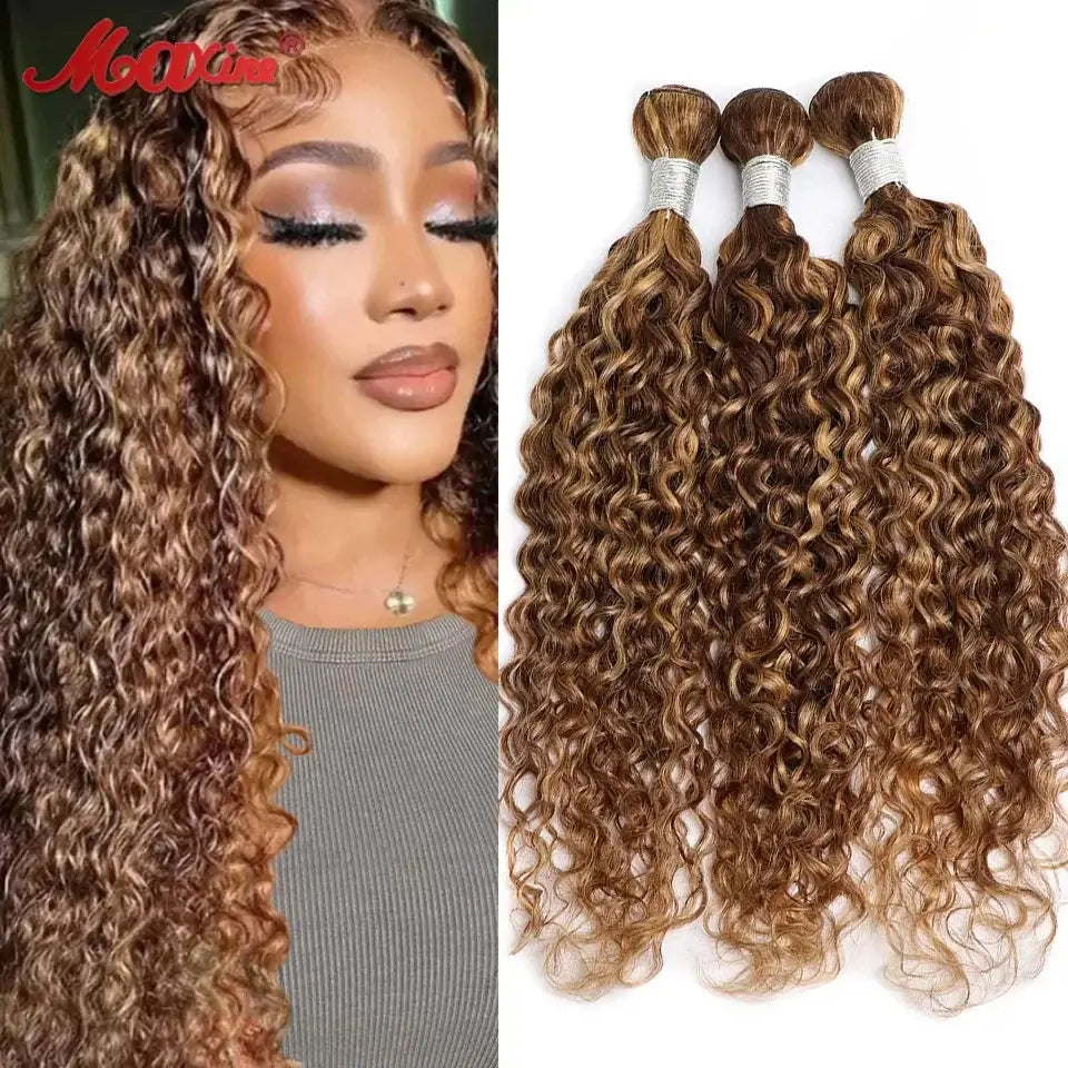 Water Wave Highlight Human Hair Bundles P4/27 Curly Brown Blonde Braiding Hair Bundles Water Wave Bundles Weaving Human Hair