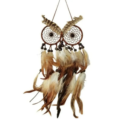 Nordic Style Owl Shaped Dream Catcher Handcrafted Brown Feathers Wind Chimes Circular Net Dreamcatcher Net Bedroom