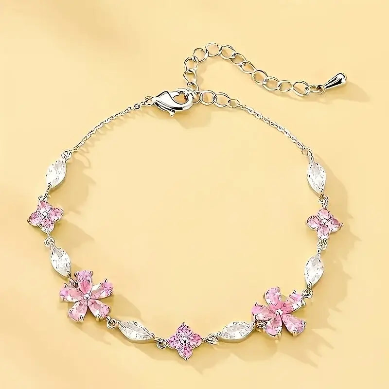 Aesthetic Sakura Flower Adjustable Link Bracelet, Delicate Cherry Blossom Wrist Chain for Women Teens, Sweet Shimmering Floral Everyday Jewelry, Romantic Birthday Gift for Her