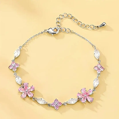 Aesthetic Sakura Flower Adjustable Link Bracelet, Delicate Cherry Blossom Wrist Chain for Women Teens, Sweet Shimmering Floral Everyday Jewelry, Romantic Birthday Gift for Her