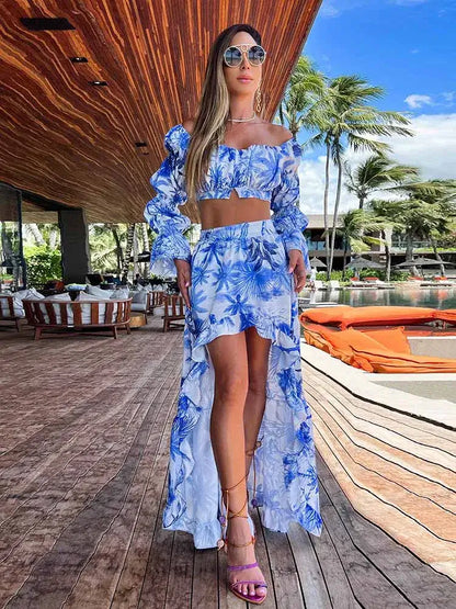 New Two Pieces Skirt Sets Suspenders Tube Top Skirts Sweet Printed Bra Bare Waist Chic Evening Party Clothing Beach Dance Robe