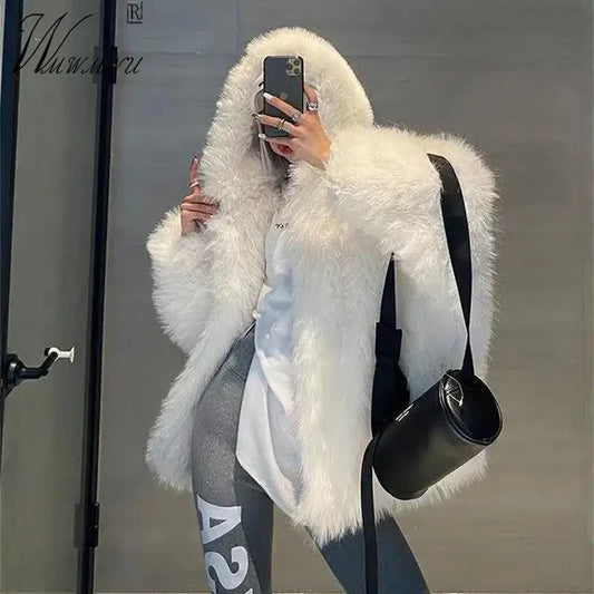 Trendy Hooded Faux Fox Fur Coats super Warm Winter Furry Jacket Women