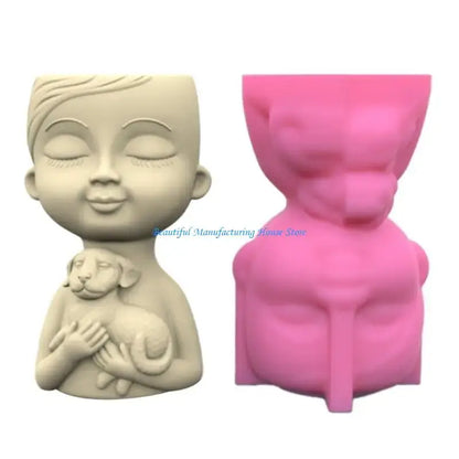 E56A Silicone Mold for Succulent Plant Pots Mini Garden Statues Boy and Puppy Flower Pot Mold Unique Pen Holder Resin Molds
