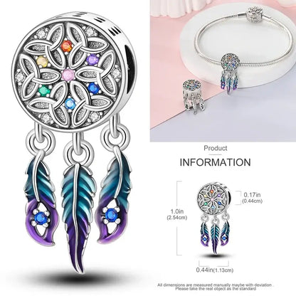 Hot Dream Catcher Feather 925 Sterling Silver Purple Colorful Moon Dreamy Blue Charm Original Fits Women DIY Jewelry Girl Charms